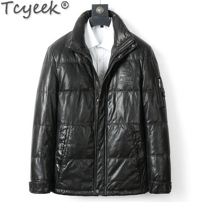 Tcyeek, chaqueta De cuero genuino para hombre, abrigo De piel De vaca con cera De aceite, chaquetas De invierno, abrigo cálido De plumas De ganso, ropa para hombre, chaqueta De cuero 2024