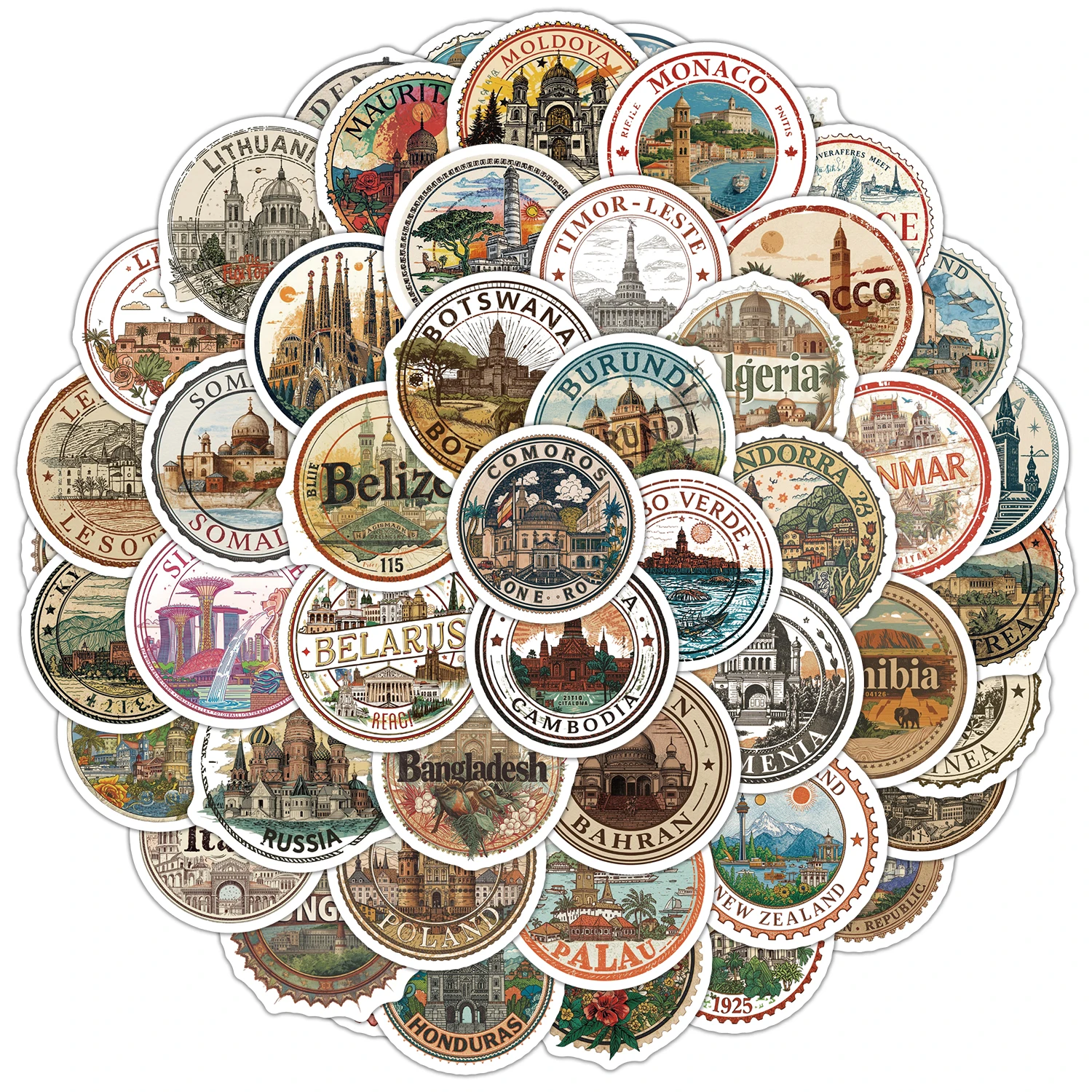 10/30/50PCS Vintage World Country Travel Stickers Retro Famous Landmark Postmark DIY Decor Laptop Luggage Graffiti Sticker Pack