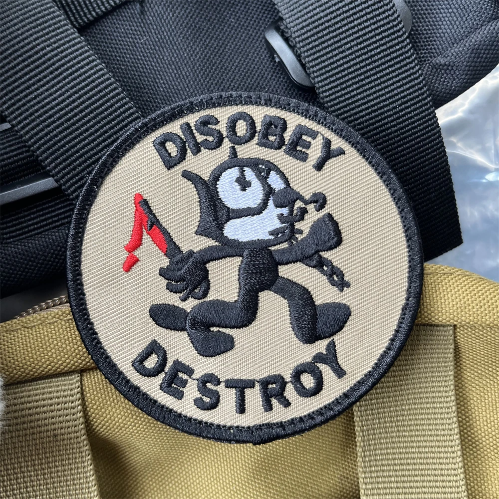 Disobey Destroy  Anarchist Black Cat Bloodblade Embroidered Patches Tactical Morale Badge Backpack Hook and Loop Sticker