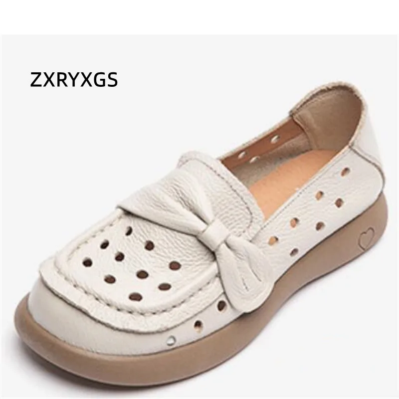 

ZXRYXGS Fashion Elegant Women Flats Hollow Genuine Leather Sandals 2024 New Spring Summer Comfortable Breathable Roman Shoes