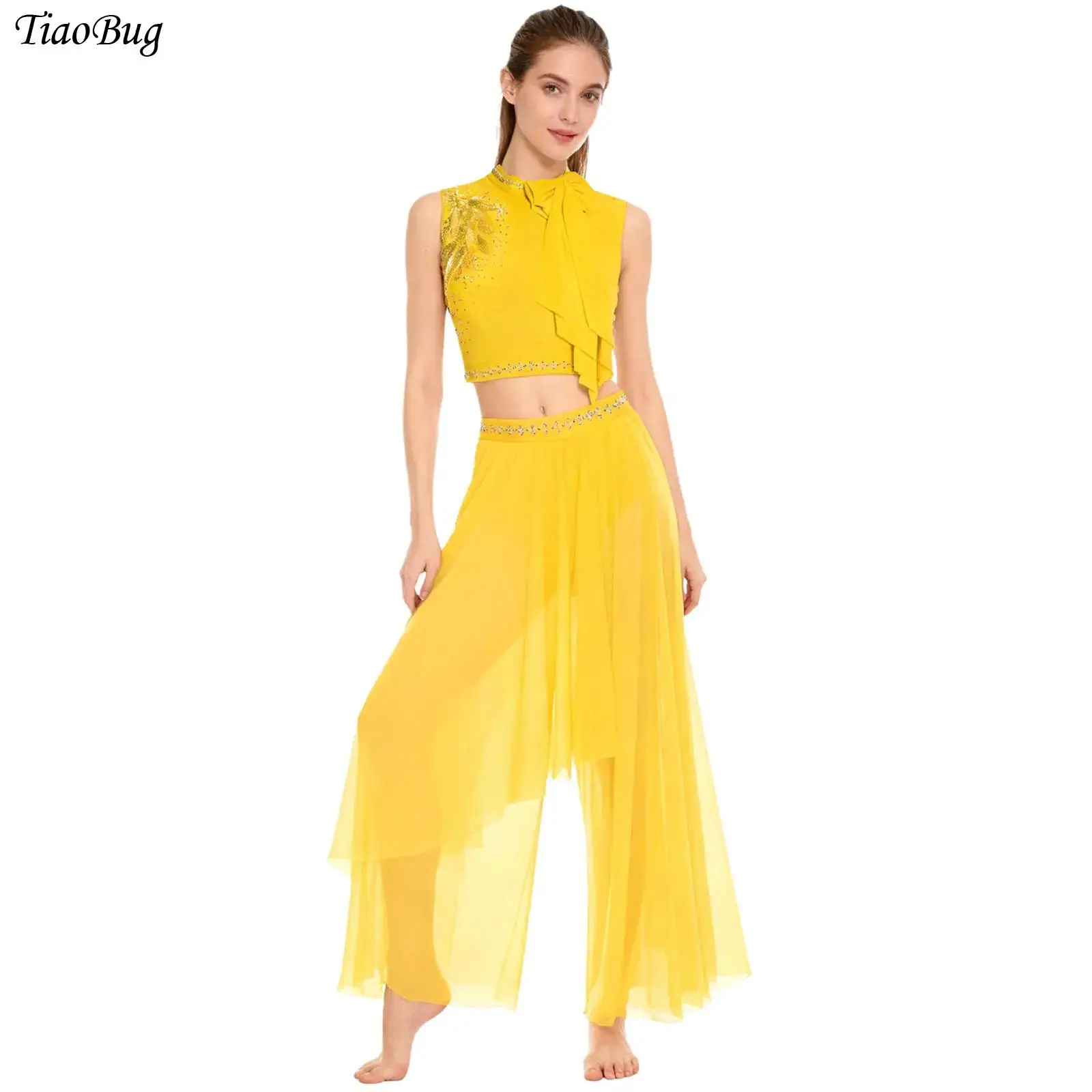 Abito da ballo lirico da donna Top corto senza maniche con ricamo con paillettes e pantaloni a gamba larga in rete Pattinaggio di danza classica Abbigliamento da ballo contemporaneo