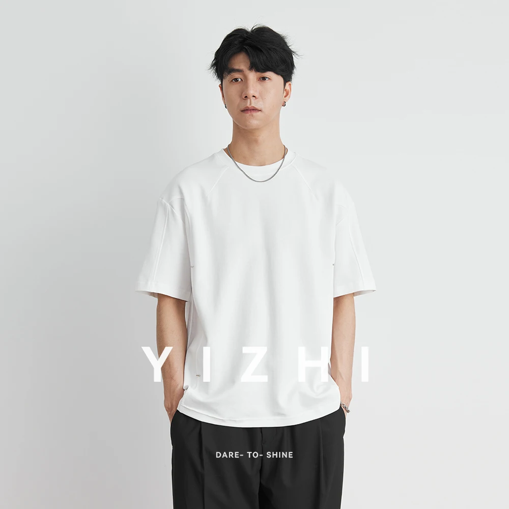 Men's American Heavy Orange Design Short Sleeve T-shirt 2025 Summer New Solid Color Loose Half Sleeve Top Fashion Male Clothing