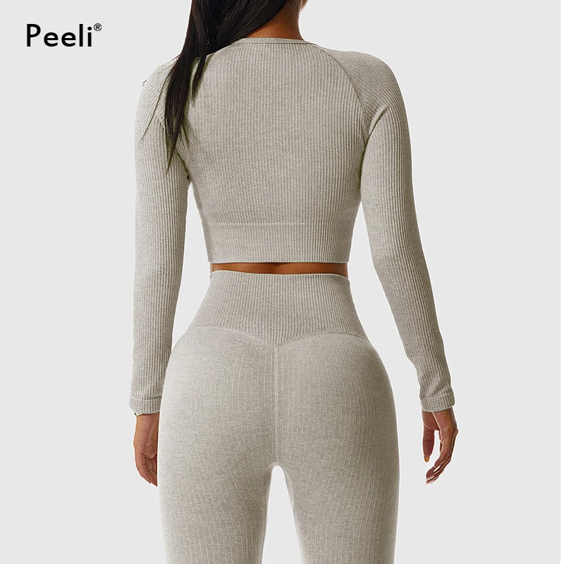 Seamless Yoga Suit Sports Set Gym Clothes Fitness Women Long Sleeve Crop Top High Waist Leggings Ribbed Workout Set Tracksuits