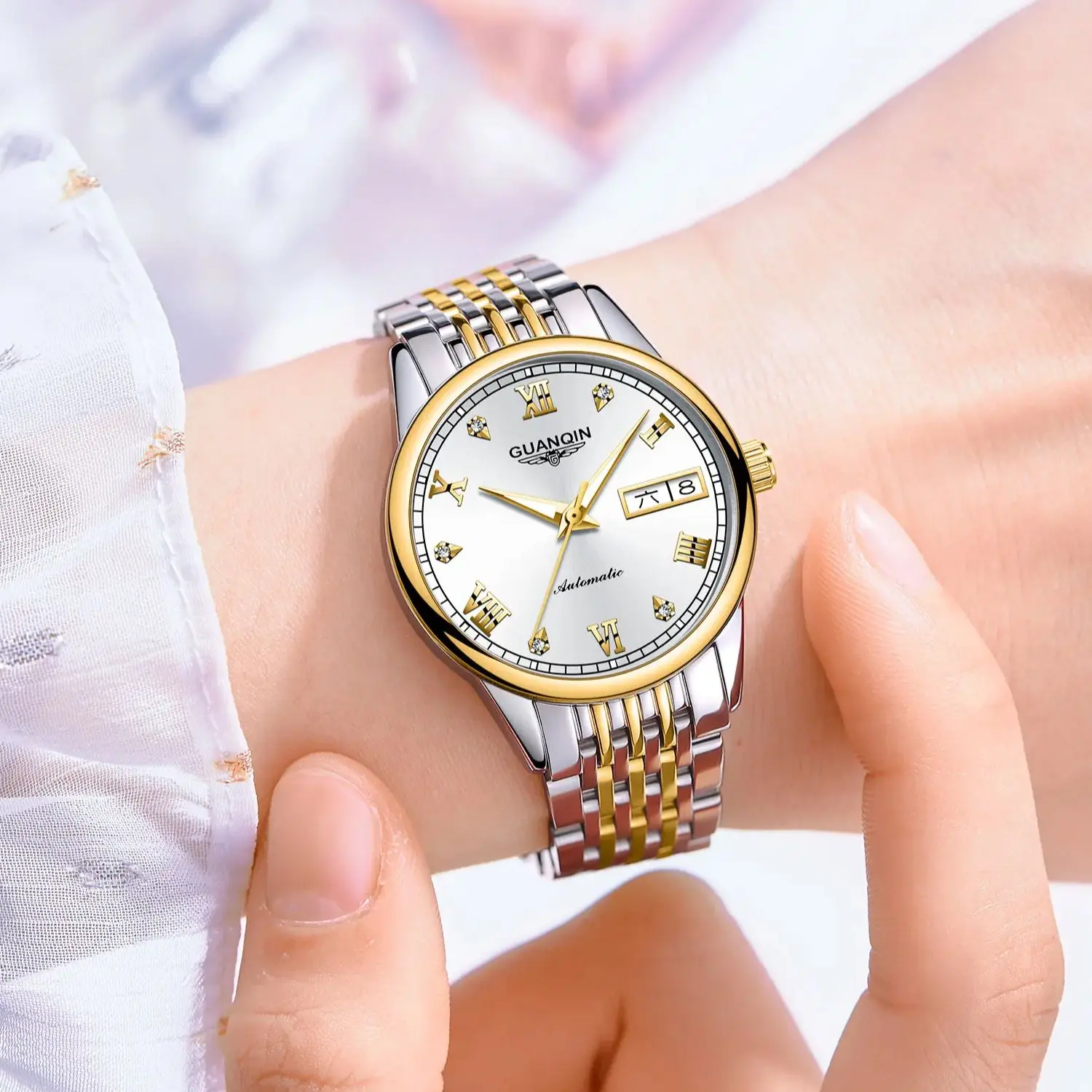 GUANQIN Women’s Watch Fully Automatic Mechanical Luxury Fashion Waterproof Luminous Watch For Woman Stainless Steel Calendar