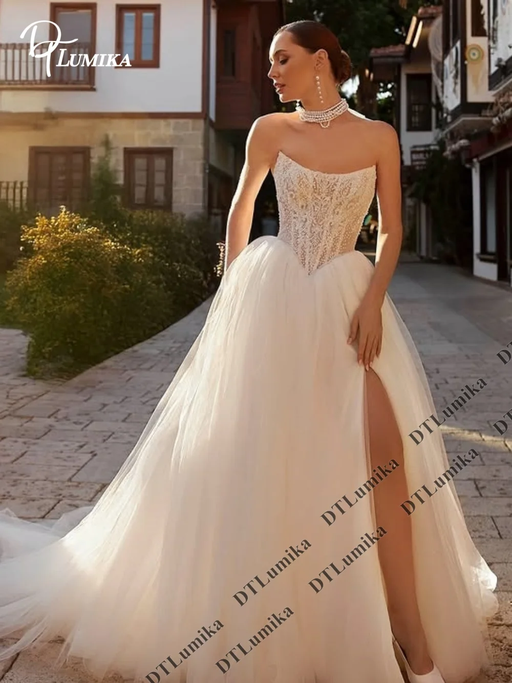 DTLumika Strapless Beaded Lace Corset Ball Gown Wedding Dress Customized High Slit Fluffy Tulle Bridal Gown With Long Train