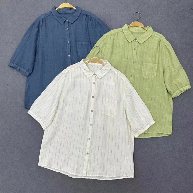 Johnature Summer 2024 New Forest Striped Linen Short Sleeve Shirt Casual Retro Loose Versatile Turn-down Collar Shirts