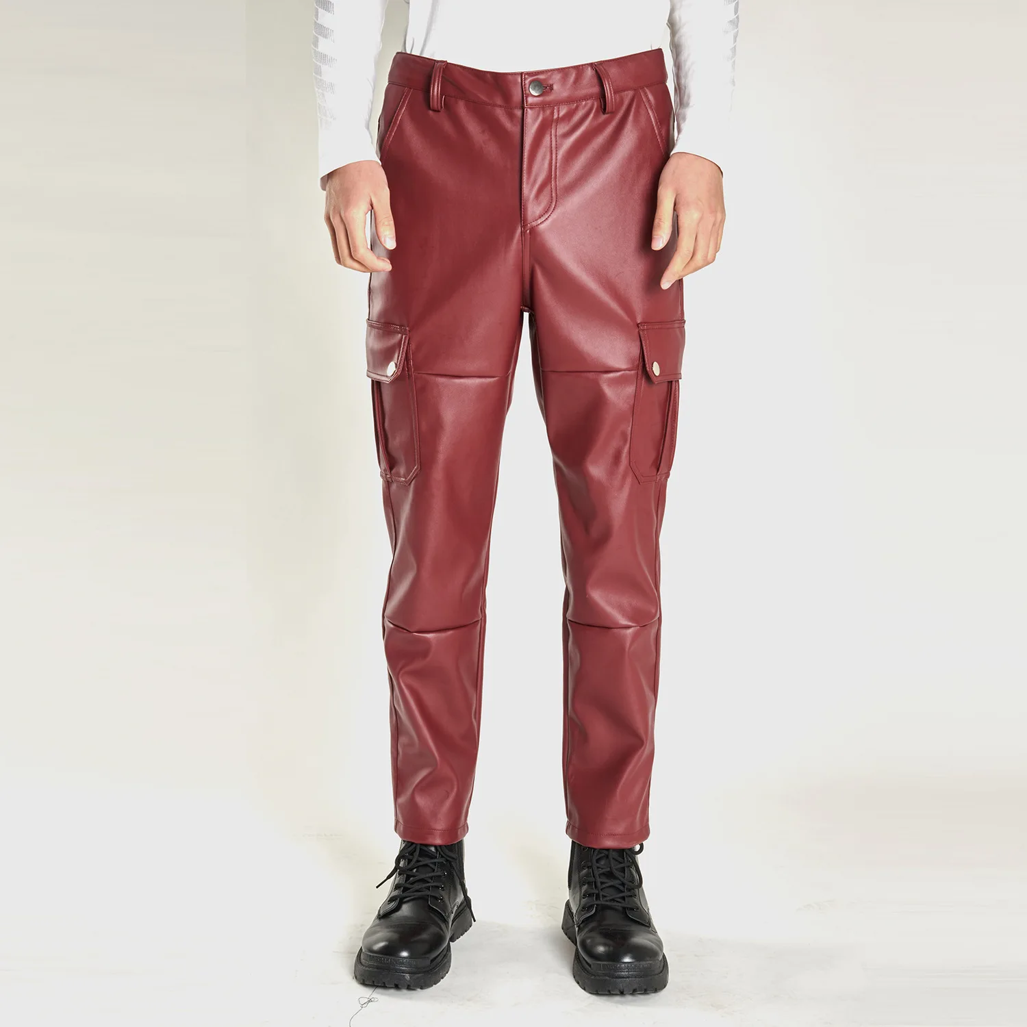 Multi-pocket Men\'s Casual PU Pants, Fashionable Biker Leather Pants, Windproof and Waterproof Dirt-resistant Trousers,Size S-5XL