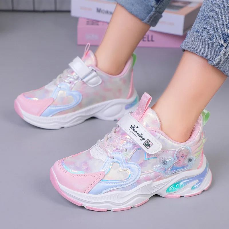 Disney Casual Shoes For Girls Princess Aisha Spring Autumn Primary School Girls Fashion Sports Leather Soft Sole Casual Sneakers