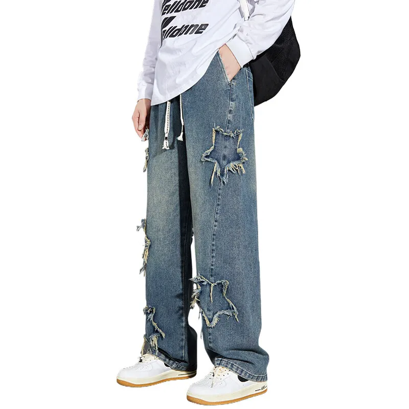 Celana Denim Katun Pria Pakaian Jalanan Hip Hop 2025 Jeans Lurus Kasual Remaja Musim Semi Musim Gugur Celana Panjang Pinggang Serut Longgar Koboi