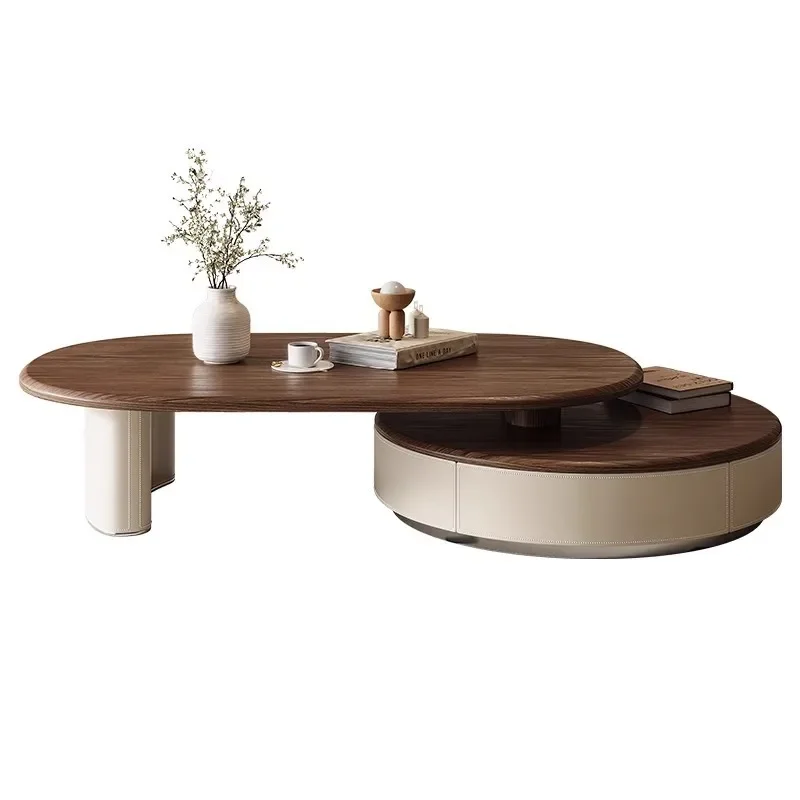 

ForMedieval style walnut pattern retractable round coffee table high-end simple saddle leather retro style
