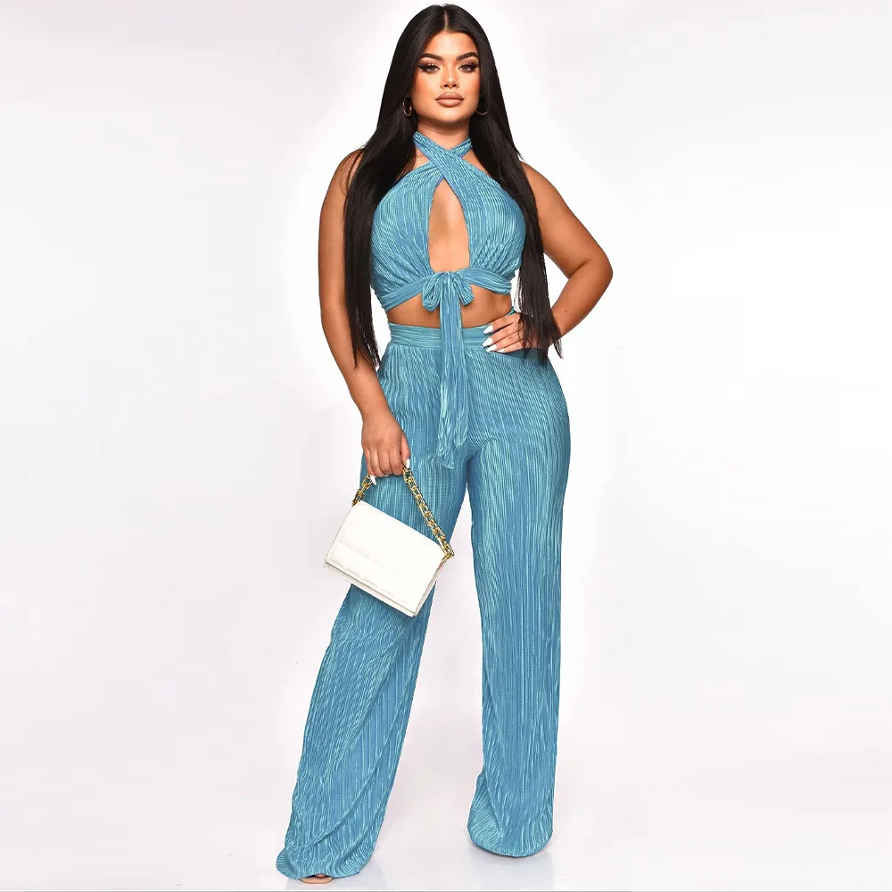 Women Solid Color 2 Piece Set Halter Crop Top and Pleated Wide-Leg Pants Casual Elastic Lady Streetwear