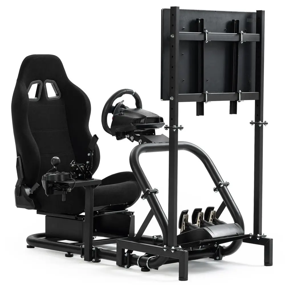 Racing Simulator Cockpit with Ergonomic Seat, Large Round Tube Stand, No Steering Wheel Shift Pedal TV