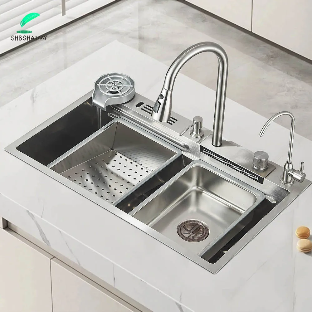 304 شلال من الفولاذ المقاوم للصدأ بالوعة المطبخ خزان واحد كبير مع مجموعة صنبور سحب خلاط الماء الساخن البارد الصنابير والحوض #1