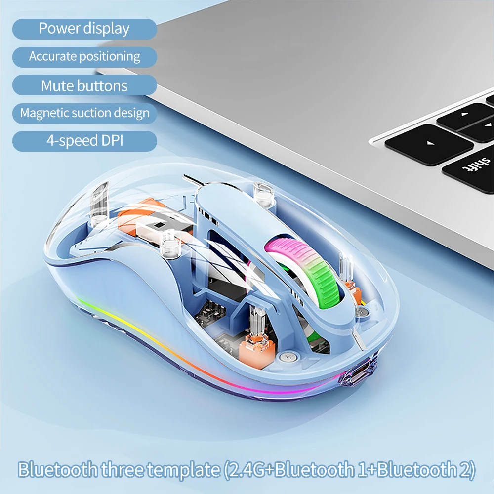 New Style Fully Transparent Mouse Bluetooth Wireless Tri-mode Mute Led Lamp Type-C 2400dpi Mouse Tablet Notebook Office Mouse