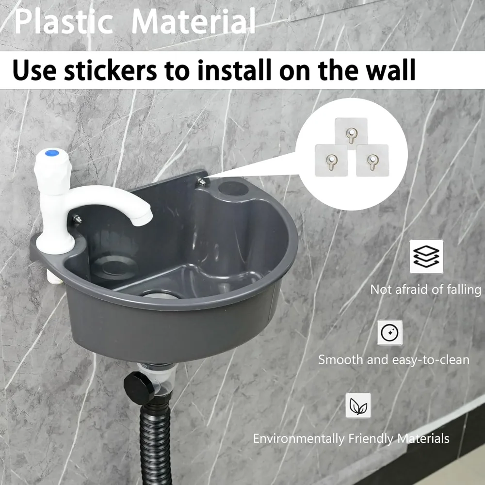 Wall Mount Adhesive Bathroom Sink No Drill Installation Mini Plastic Wash Basin with Faucet Hole for RV Home Dorm Garage