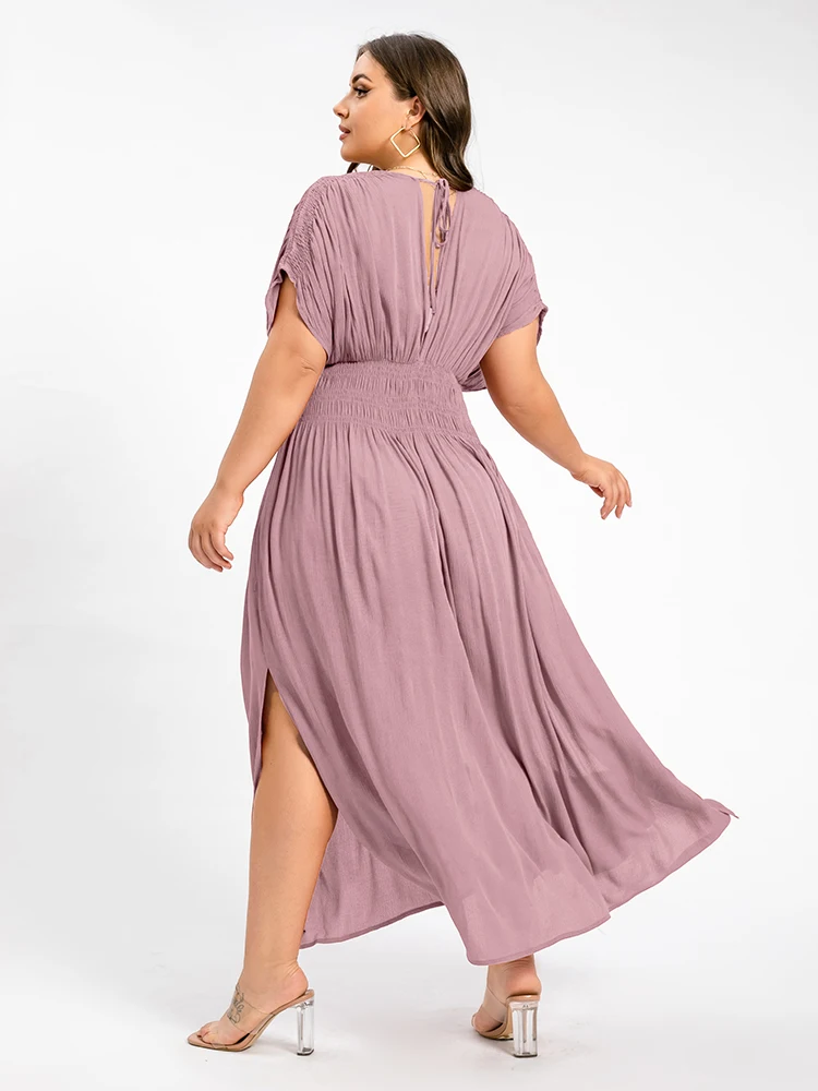 Plus Sized Clothing 2024 New Women's Fashion V-Neck Batwing Sleeve Pocket Ruched High Waist Slit Split Dress Elegant Party Dress