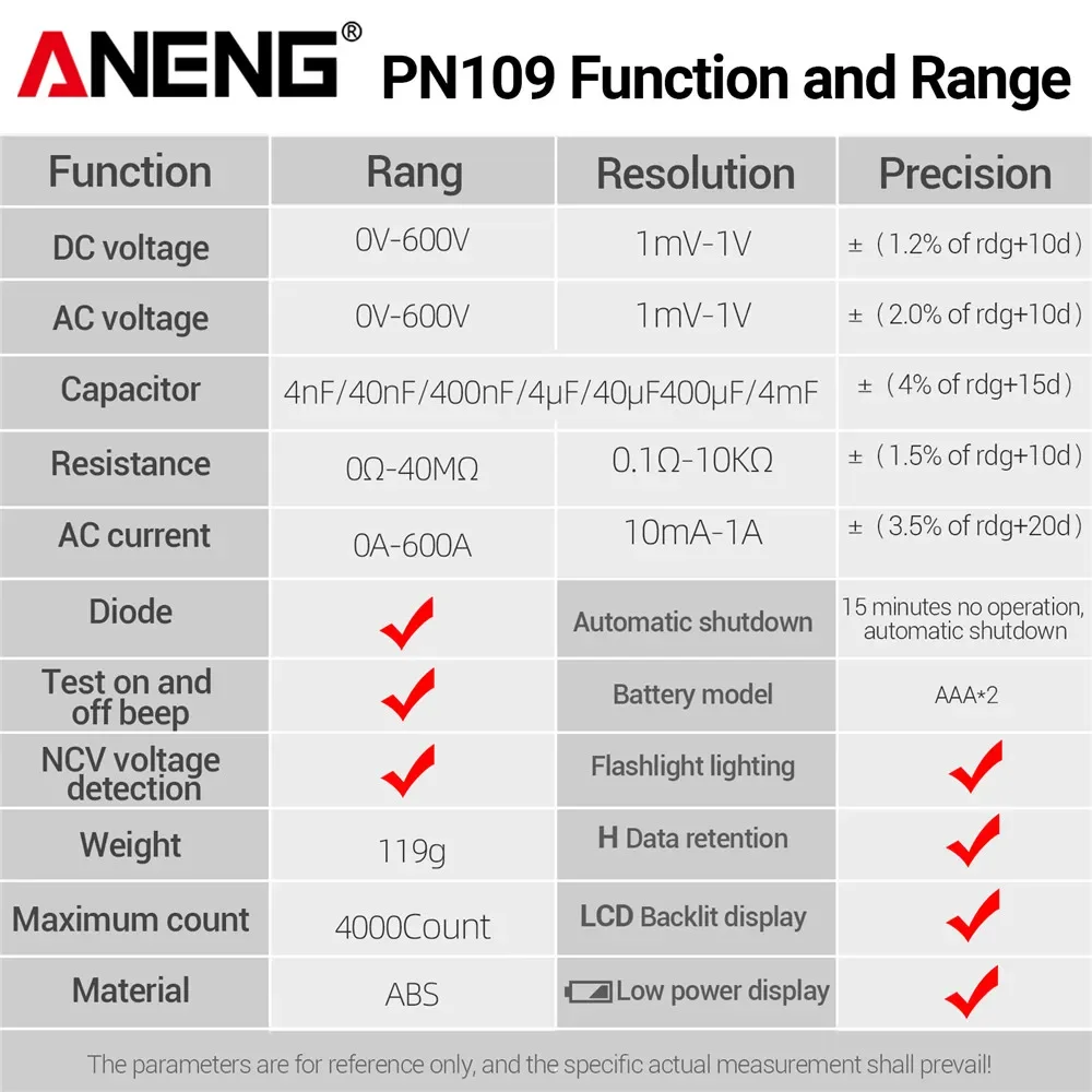 ANENG PN109 cyfrowy miernik cęgowy AC/napięcie prądu stałego 4000 zliczeń pojemność NCV Ohm napięcie tester prądu narzędzia