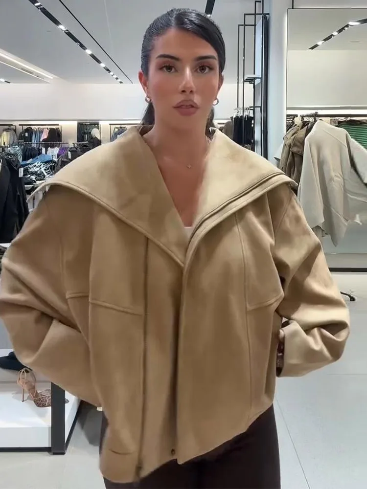 Damen-Wildlederjacken mit Revers, seitlicher Knopfleiste, langen Ärmeln und Reißverschluss, Herbstjacken für Damen, einfarbige, lockere Jacke, modische neue Oberbekleidung. – Detail 11
