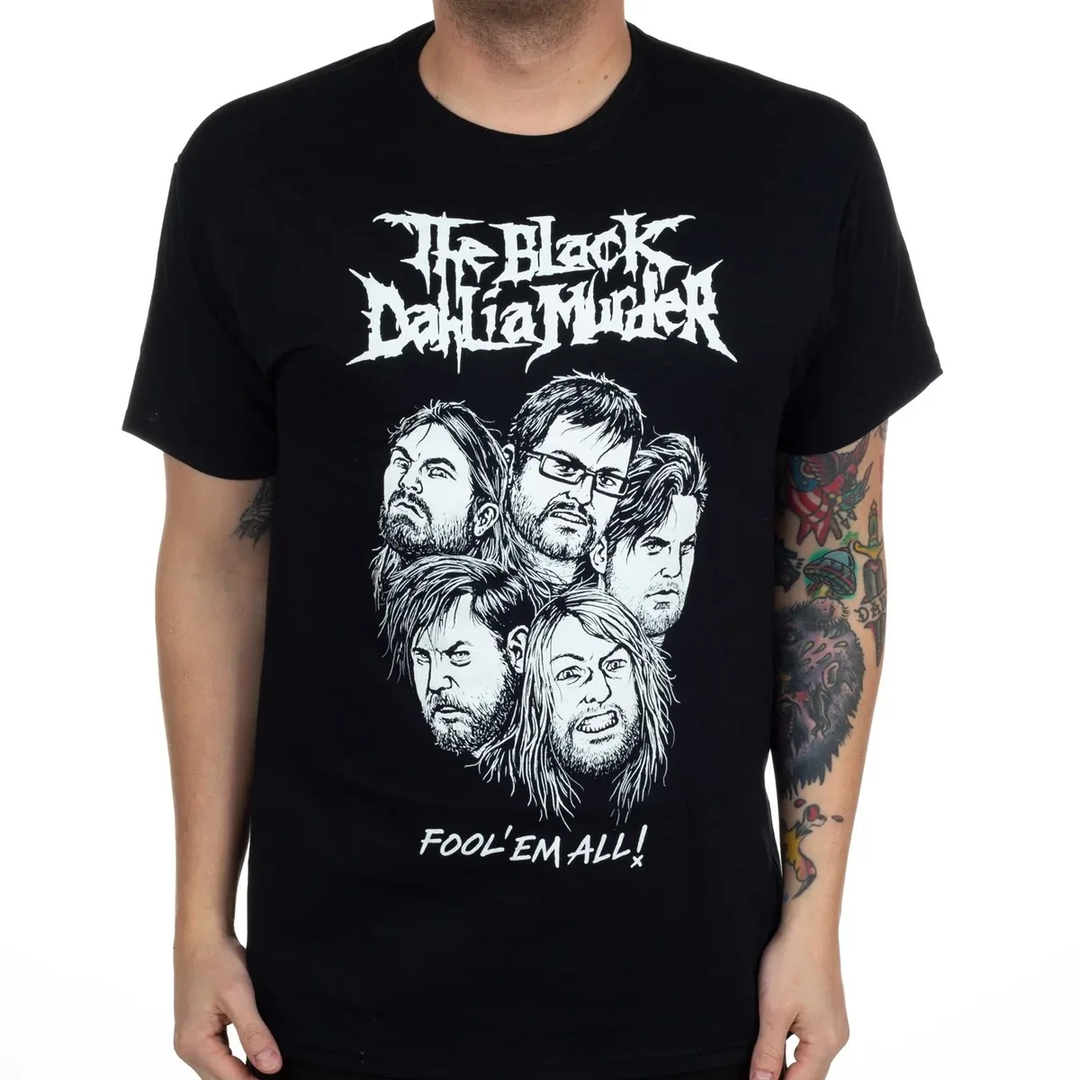 The Black Dahlia Murder Skeleton Reaper Graphic Print T Shirt, Four Skeletons with Scythe Hourglass and Band Sharp Lettering