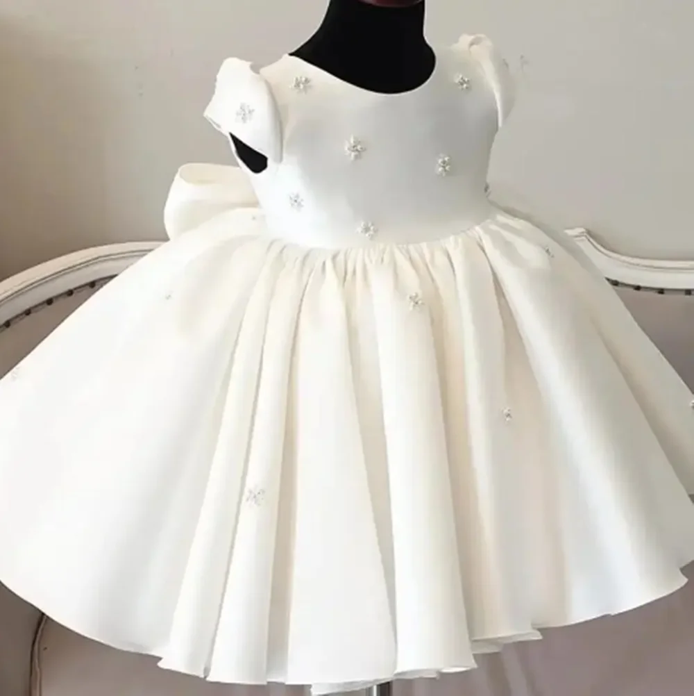 

Satin Flower Girl Dresses For Wedding Pearls With Bow Kids Formal Event Birthday Party Graceful First Communion Gown