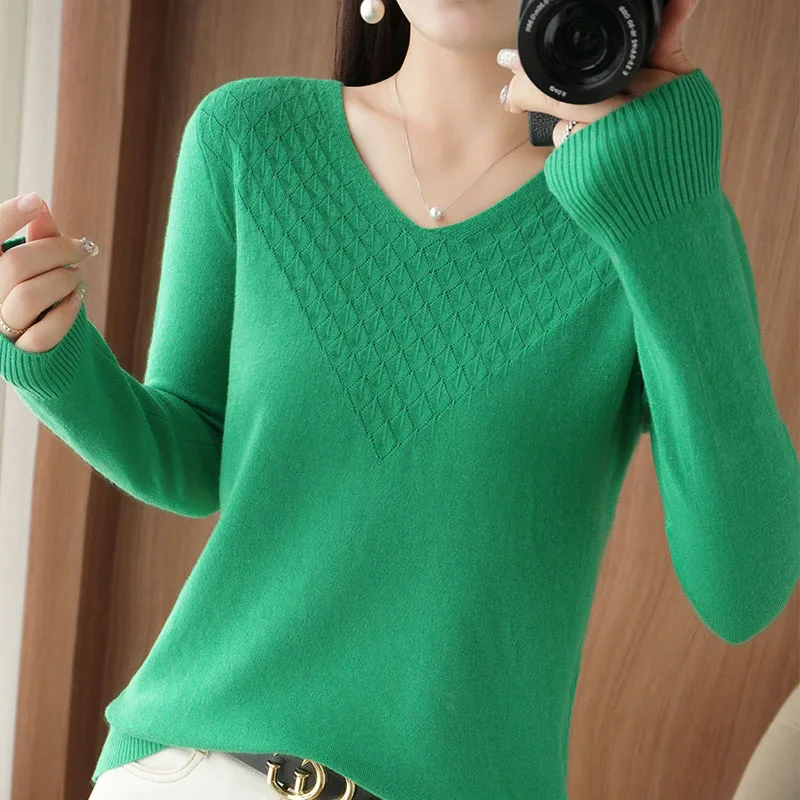 Women Pure Wool Blend Knit Sweater Autumn Winter V-Neck Diamond Grid Pullover Solid Bottoming Casual Top Cashmere Female Sweater