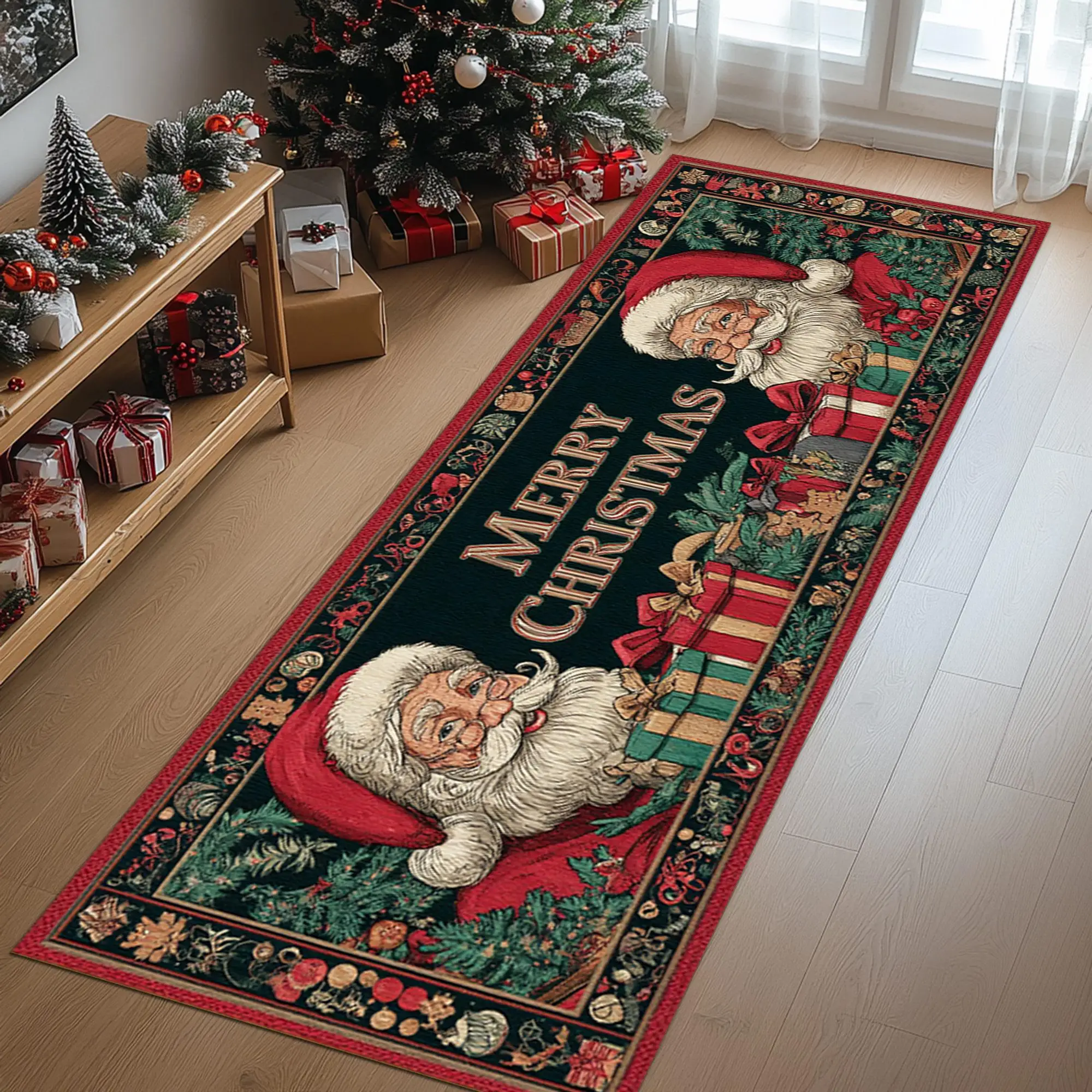 Vintage Santa Claus Christmas Gift Border graphics Runner Rug,Corridor,Entryway,Kitchen,Non Slip Runner Rug,Christmas Home decor