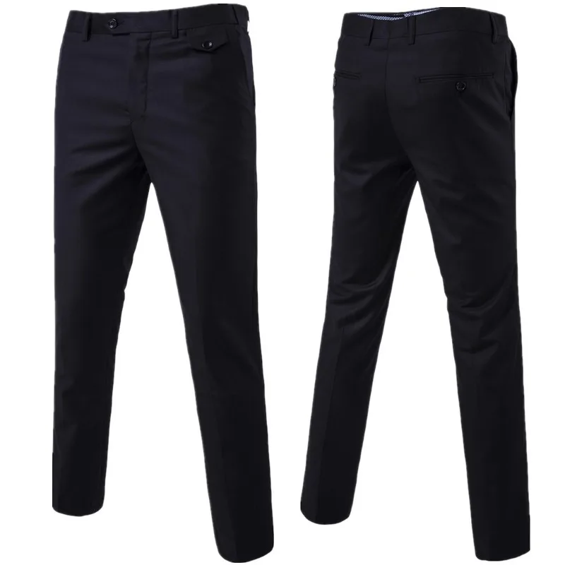 Mens Black Slim-Fit Suit Pants Business Casual Formal Trousers