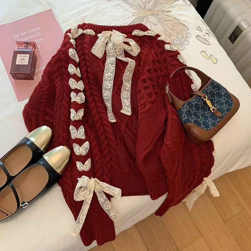 Twisted Red Sweet Sweater Women Bow Chic Fall Winter Knitwear Fashion Loose Lazy Drawstring Lace-Up Pretty Style Pullover