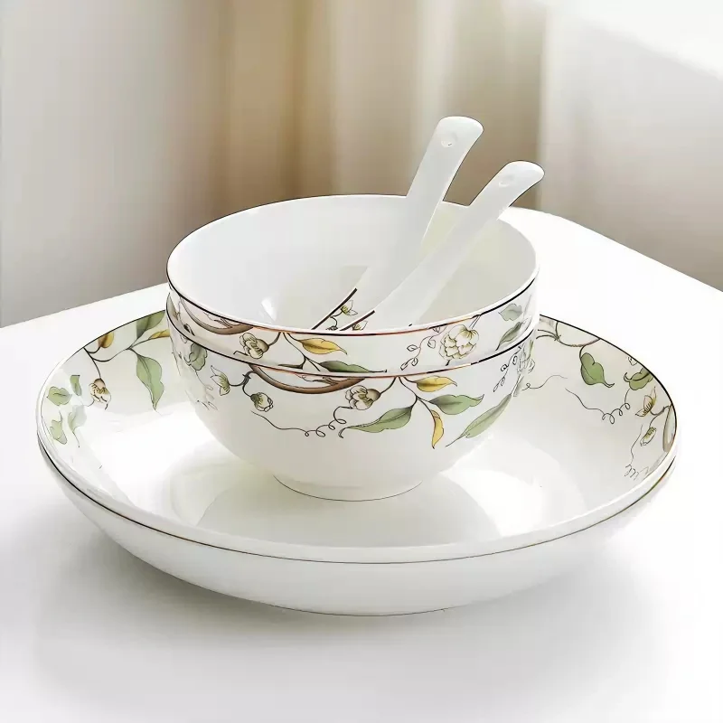 6pcs/lot, real bone china plates dinner sets, bowl set, porcelain  ceramic tableware, Chianese dinner sets with spoon, service