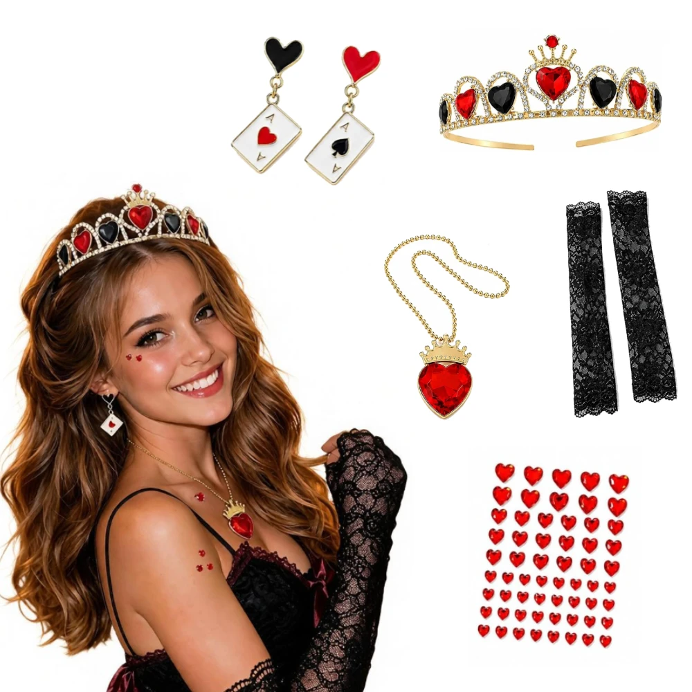 5Pcs Halloween Queen Accessories Set Women Rhinestone Crown Heart Pendant Necklace Earrings Black Lace Arm Sleeves Dress Up