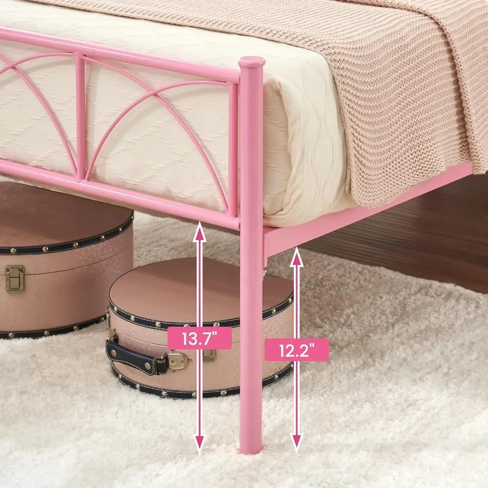 Estrutura de Cama com Cabeceira e Estribo, Móveis de Montagem Simples, Sem Mola Caixa Necessária, Rosa e Twin, 12,2 polegadas