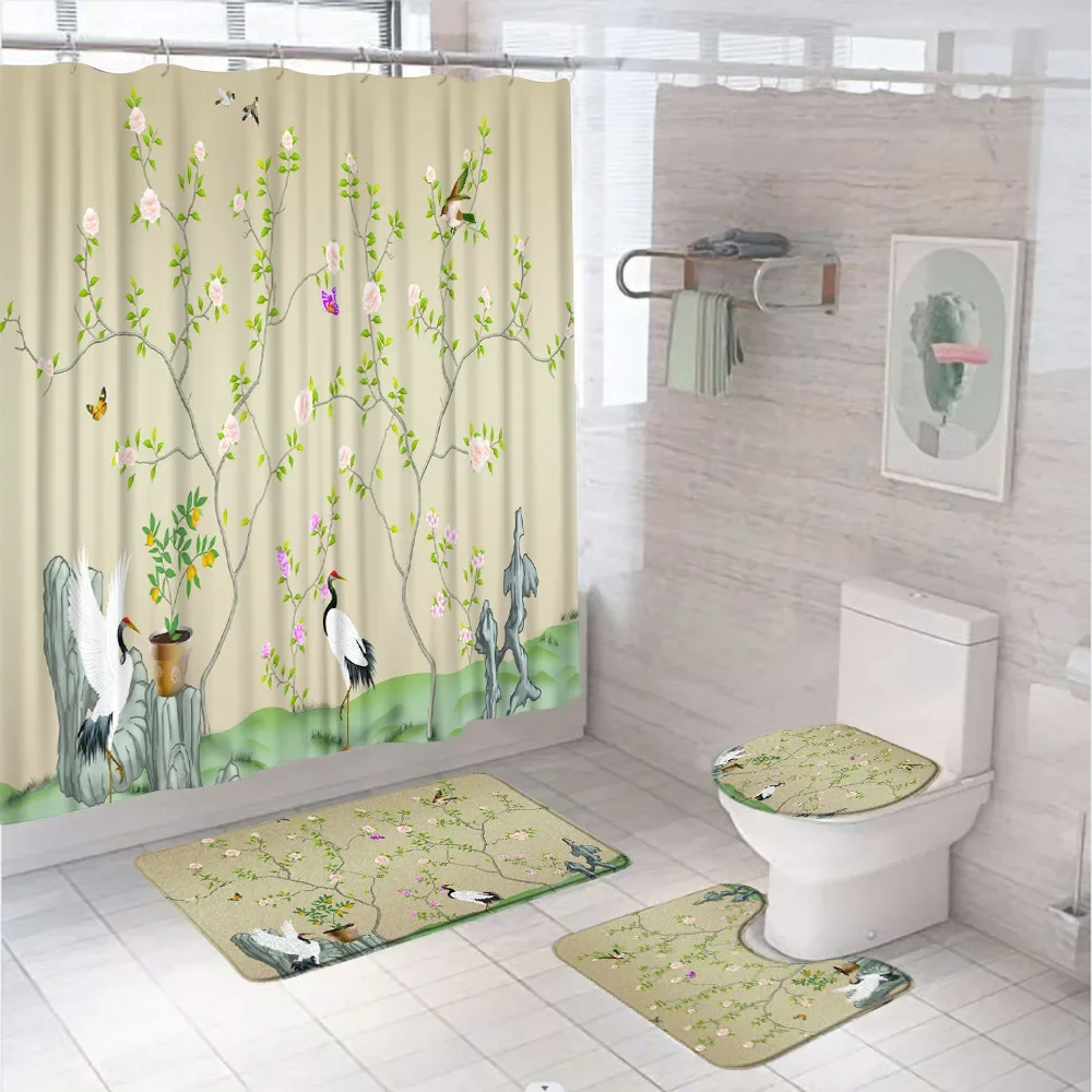 

Набор занавесок для душа с изображением цветов, птиц, бабочек, азиатских растений, цветов, журавлей, декор для ванной комнаты, Противоскользящий коврик, коврик для ванной, крышка для туалета
