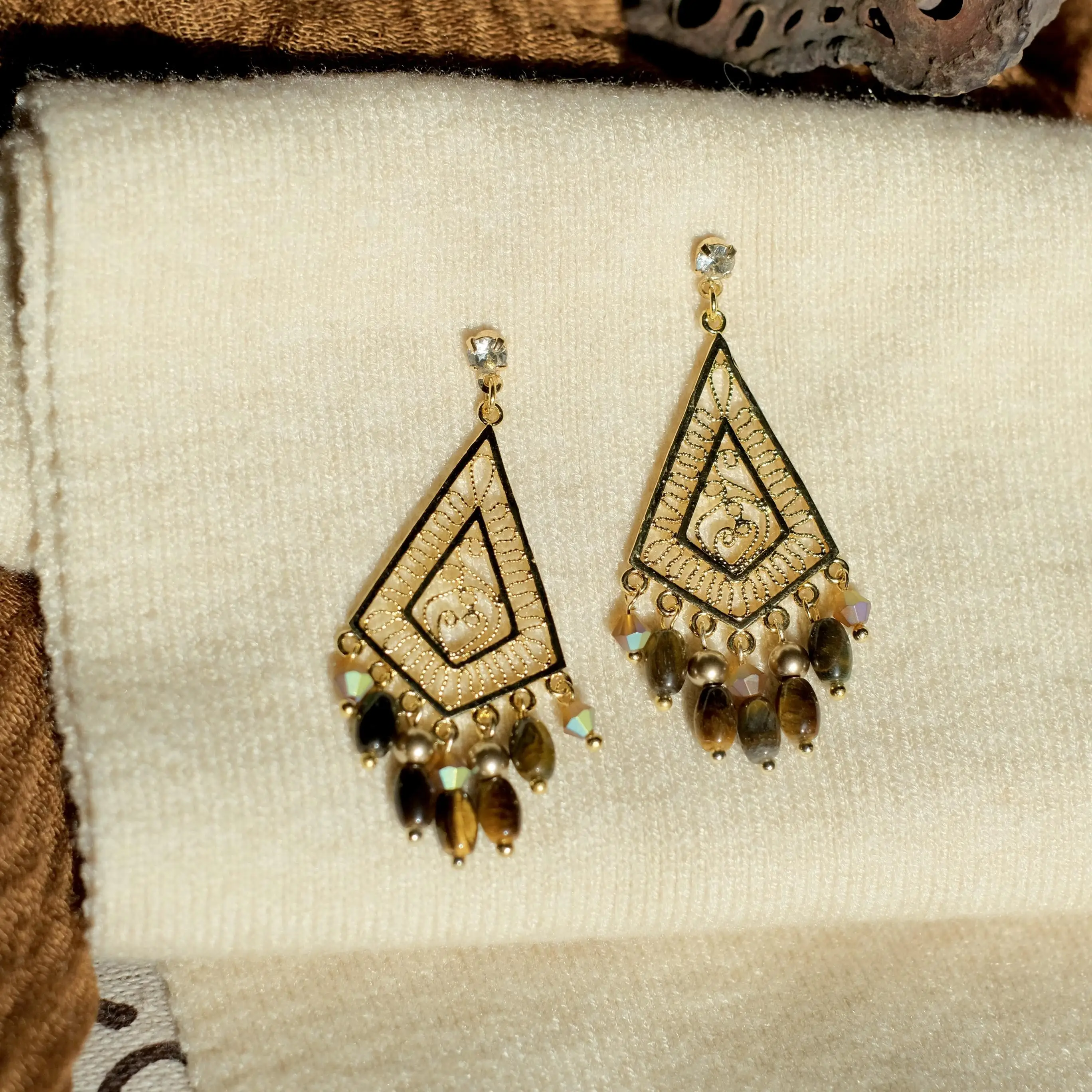 

"Gypsy" Original Vintage Summer Merad Bohemian Tiger's Eye Tassel Earrings Earclip Earrings