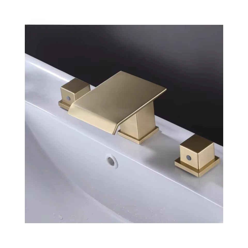 

Modern Brass Deck Mounted Waterfall 3-Hole Dual Handle Metered 5-Year Warranty Bathroom Faucet Ceramic Basin