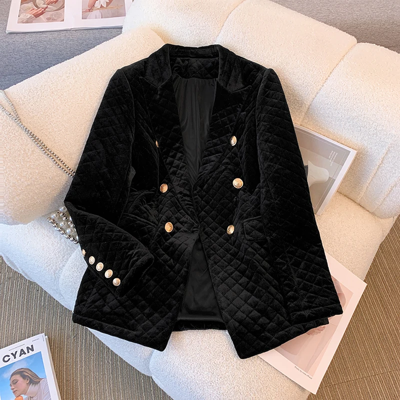 Real Shot Golden Velvet Diamond Pattern Cotton Jacket Women\'s Korean 2023 Autumn/Winter New Slim Fit Padded Suit Jacket Trendy