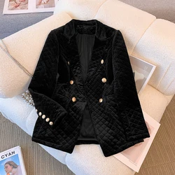 Real Shot Golden Velvet Diamond Pattern Cotton Jacket Women's Korean 2023 Autumn/Winter New Slim Fit Padded Suit Jacket Trendy