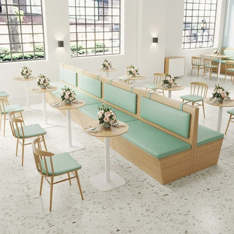 

l # Fresh green western restaurant furniture bakery cafe wall sofa seating area solid wood booth table with white leg and chair