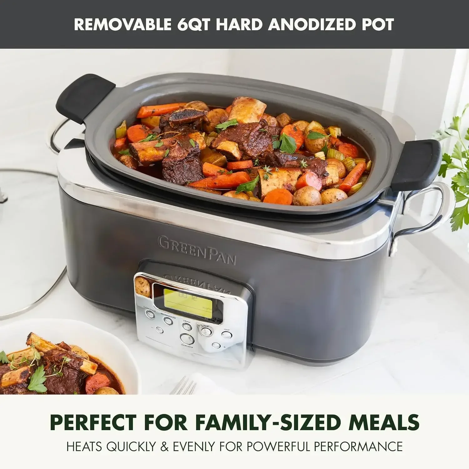 GreenPan Elite 8-in-1 طباخ كهربائي بطيء 6QT قابل للبرمجة، غطاء آمن للاستخدام في غسالة الأطباق وفخار قابل للإزالة، سيراميك صحي خالٍ من مادة PFAS