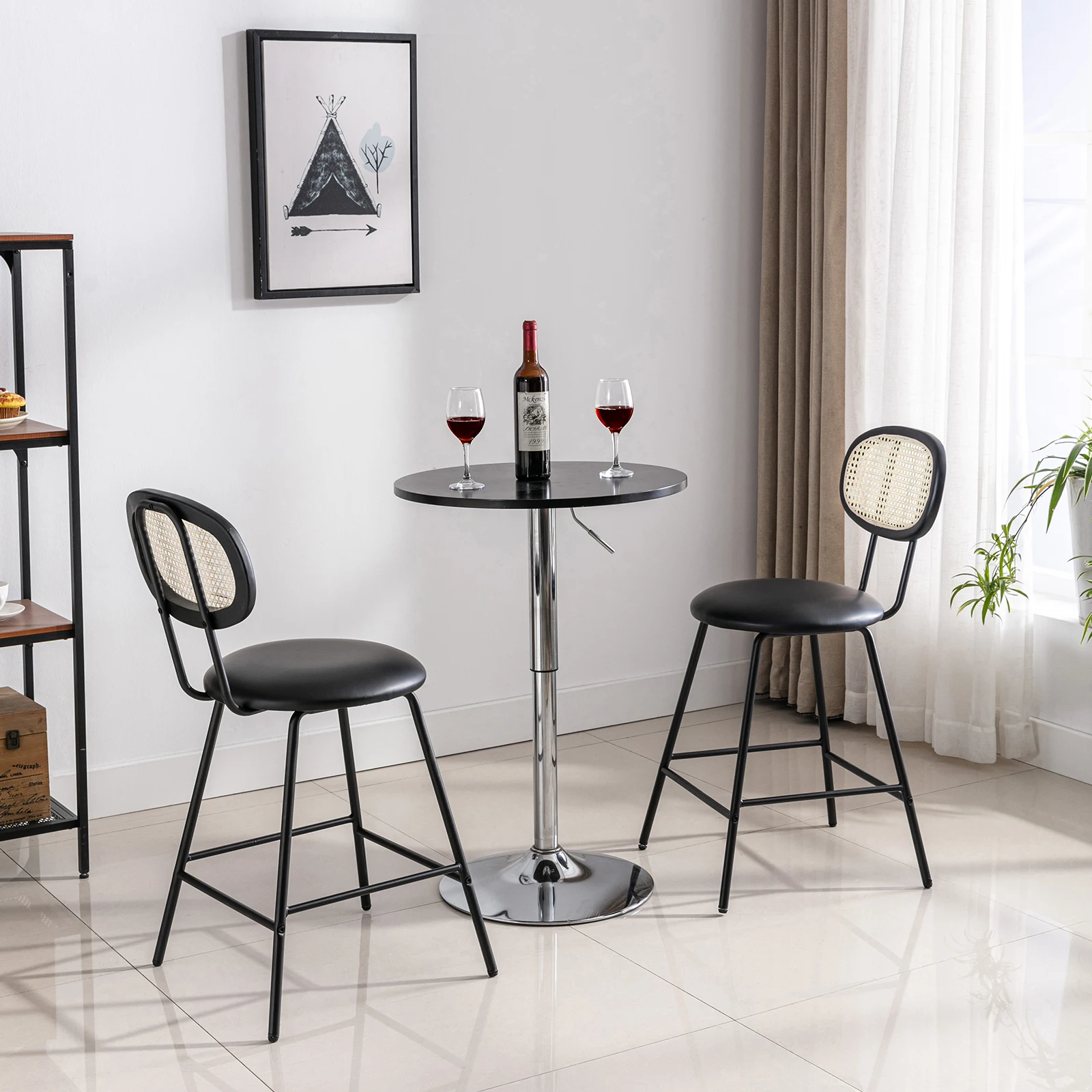

Farini Counter Height Bar Stools, Mid-Century Modern Rattan Bar Stools with Upholstered Seat