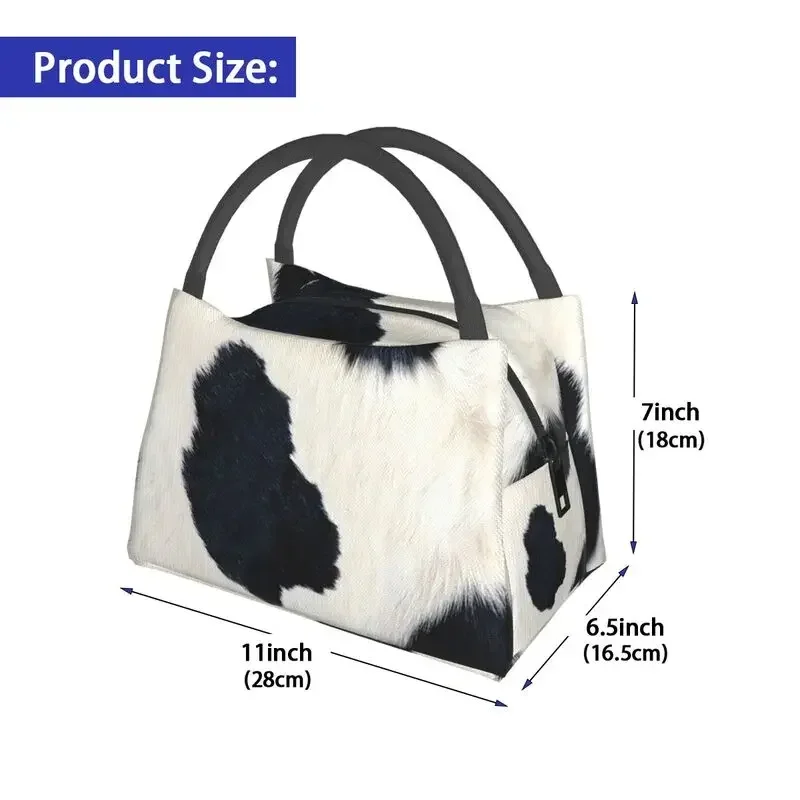 Real Black And White Cowhide Thermal Insulated Lunch Bags Print Women Rustic Cow Faux Fur Skin Leather Resuable Meal Food Box