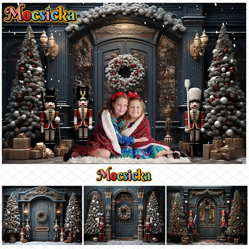 

Mocsicka Christmas Photography Backdrop Xmas Tree House Door Soldier Decorations Family Children Holiday Party Photo Backgrounds