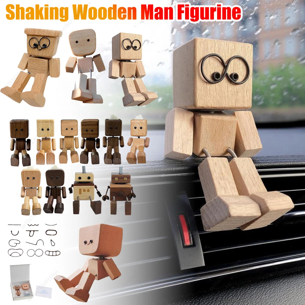 Shaking Wooden Man Figurine Creative Bookshelf Car Interior Ornaments Handmade Wooden Leg-swinging Robot Figurine Home Decor Gif