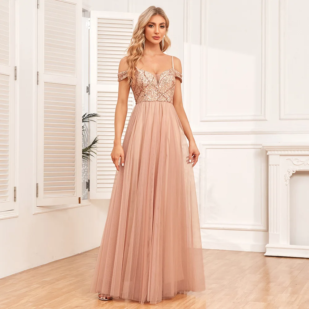 Off-shoulder hemdje dubbele V-hals pailletten geborduurd patchwork feest elegante a-lijn pure jurk