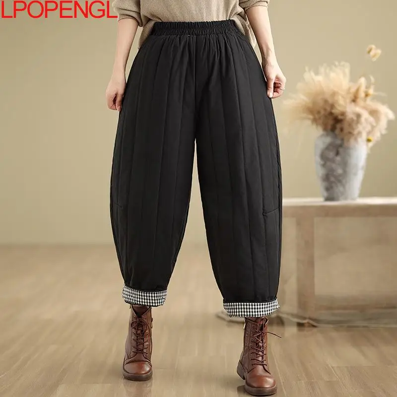 Women\'s Versatile Wide-leg Pants New Autumn And Winter Loose Thickened Elastic Waist Casual Vintage Patchwork Cotton Trousers