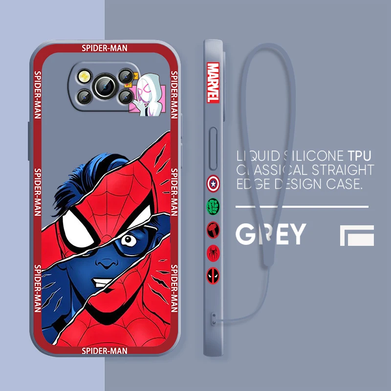 Marvel Spiderman Logos For Xiaomi Poco Cover For X4 X3 F4 NFC M6 M5 M4 M3 GT S Pro 4G 5G Liquid Left Rope Phone Case