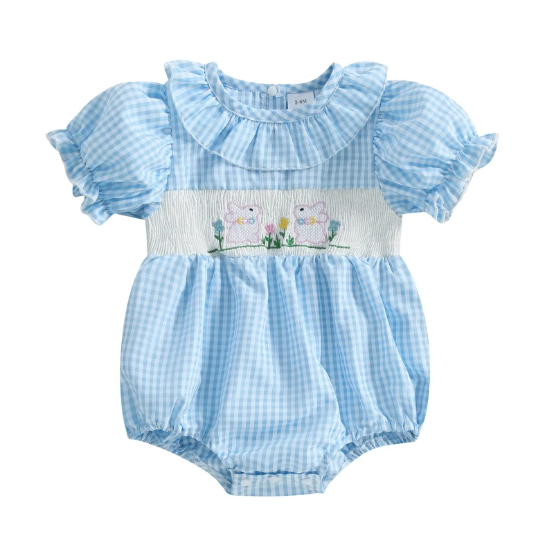 2026 Summer New Cotton Hot Selling Baby Plaid Bunny Pattern Doll Collar Climbing Suit