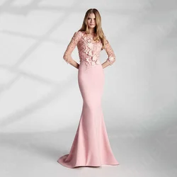 Elegant Mermaid Pink Mother of the Bride Dresses 2023 New   3/4 Sleeves 3D Flowers Wedding Party Gowns Sweep Train