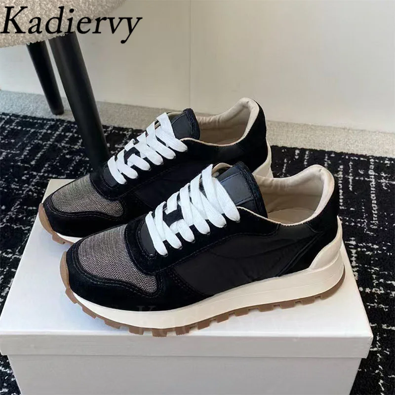 Casual Sneakers Women Round Toe Lace Up Outdoors Running Shoes Cow Suede Patchwork String Bead Comfort Flat Sports Shoes Woman