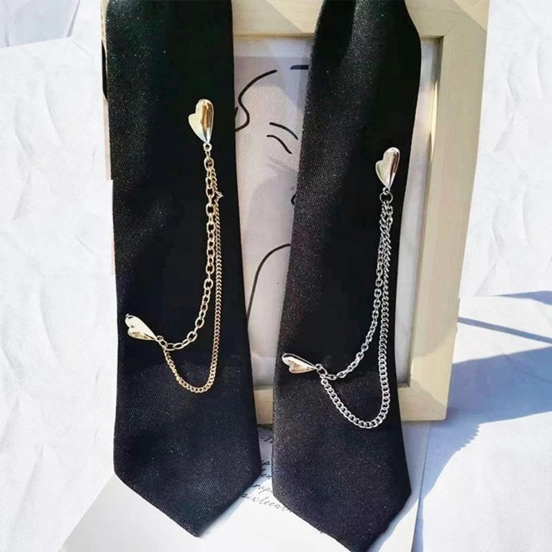 E56A Women Men Japanese Student Adjustable Pre Tied Tie Punk Double Heart Chain Black Necktie Uniform Neckwear Shirt Collar
