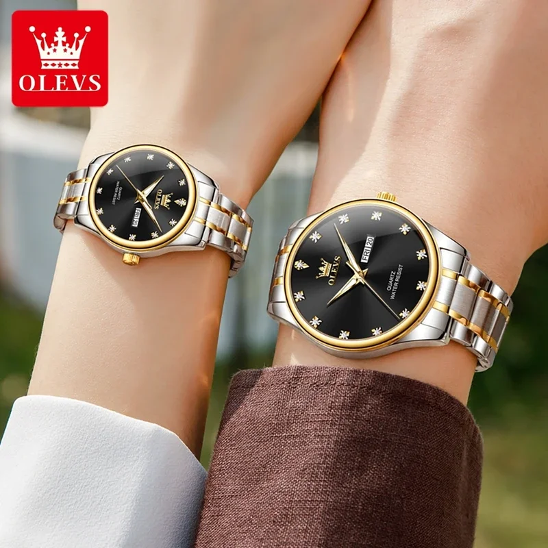 Olevs 3612, neue Luxus-Quarz-Paaruhr für Herren und Damen, wasserdicht, Leuchtkalender, Woche, klassische Business-Armbanduhr, Geschenke, Shi